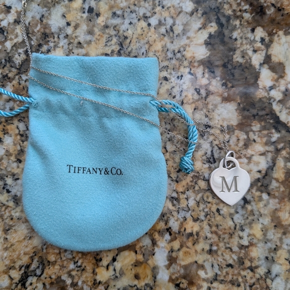 Tiffany and Co Letter M Sterling Silver Heart Pendant with chain and bag - Picture 2 of 4